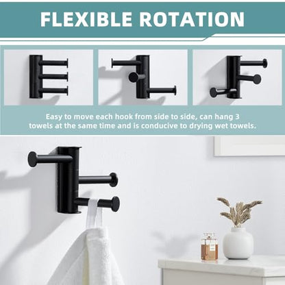Suyar Bathroom Towel Hook Matte Black, Swivel Robe Holder 3 Arms, Wall Hook | SUS304 Stainless Steel, Screw Mount - color: Matte Black, size: 1 Pack