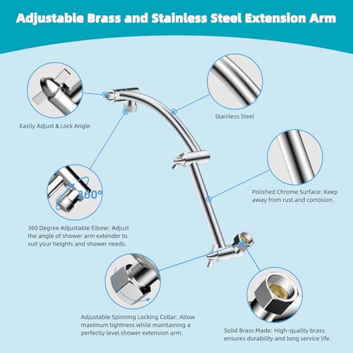 Hibbent Rain Shower Head, 13'' High Pressure Rainfall Square 5 Spray Mode Showerhead with 16" Shower Head Extension Arm, Solid Brass Adjustable Shower Arm Extender, Waterfall fixed Showerheads, Silver - color: Silver, style: Square 13'' with Arm