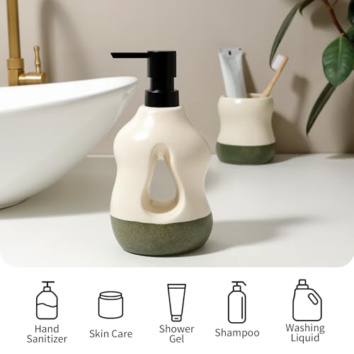 BosilunLife Ceramic Soap Dispenser - Soap Pump Dispenser Bathroom Kitchen Modern Farmhouse Elegant Refillable Soap Dispenser Lotion Hand Pump Dispenser for Kitchen Sink (Beige with Sage Base, 15oz) - color: Beige With Sage Base