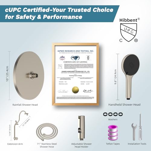 Hibbent 10'' Rain Shower Head Combo with 3 Handheld Sprays, Brushed Nickel | cUPC Certified Self-cleaning High Pressure Shower Head, All Metal Extension Arm, Easy Reach 4-way Diverter, 71" Hose & Holder - color: Brushed Nickel