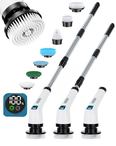 Electric Spin Scrubber for Bathroom | Shower Cleaner Brush with Long Handle | Dual Speed Cordless Power Scrubber with 7 Brushes Heads | IPX7 Waterproof Scrub Brush for Bath Tub Tile Grout Glass Tool