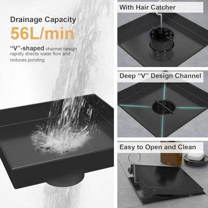 Linear Shower Drain - 6 Inch Matte Black, with Tile Insert Panels | AISI 304 Stainless Steel Shower Drain with Adjustable Feet, Hair Catcher, Rectangle Shower Floor Drain Fits Bathroom, Balcony - color: Matte Black, size: 6 Inch