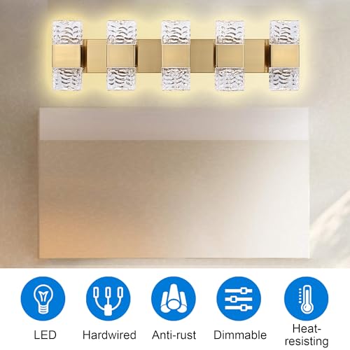 MELUCEE 5 Lights Brass Crystal Vanity Light Bar LED Bathroom Lights 30.3 in | 40W LED Modern Vanity Lighting Fixtures Wall Mount for Bath Restroom Powder Room, 3000K Warm Lighting - color: Brass, size: 5 Lights