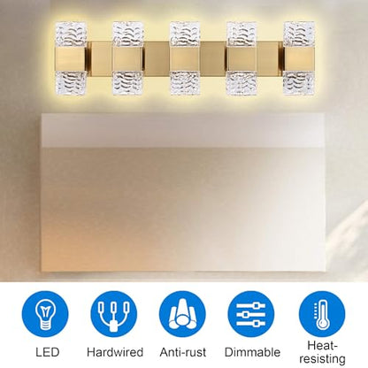 MELUCEE 5 Lights Brass Crystal Vanity Light Bar LED Bathroom Lights 30.3 in | 40W LED Modern Vanity Lighting Fixtures Wall Mount for Bath Restroom Powder Room, 3000K Warm Lighting - color: Brass, size: 5 Lights