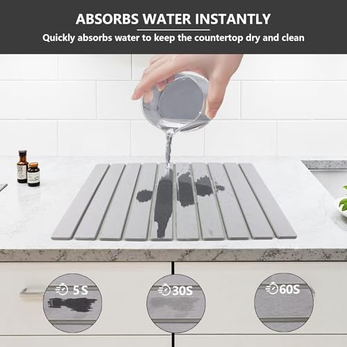 Large Stone Diatomaceous Dish Drying Mat/Rack, 24"×16", Light Gray | Collapsible Water Absorbing & Super Heat Resistant Diatomaceous Dish Drying Rack for Kitchen Counte, 5 Colors Available