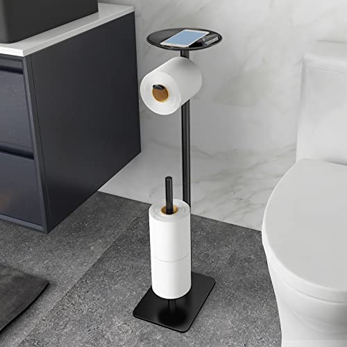 FEILERN Toilet Paper Holder Stand for Bathroom Floor Standing Toilet Roll Dispenser Storages 4 Reserve Rolls, with Top Storage Shelf for Cell Phones, Wipe, Wallet and More(Black) - color: Black