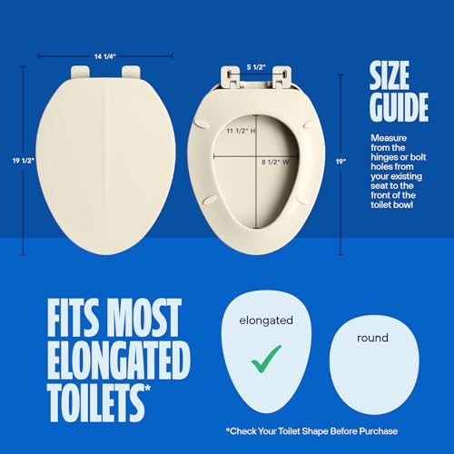 HIGHCRAFT Premium Elongated Toilet Seat with Adjustable Hinges - Molded Plastic Toilet Seat - Fits Standard Elongated Toilets - Oval Seat in Bone/Beige - color: Bone, size: Elongated