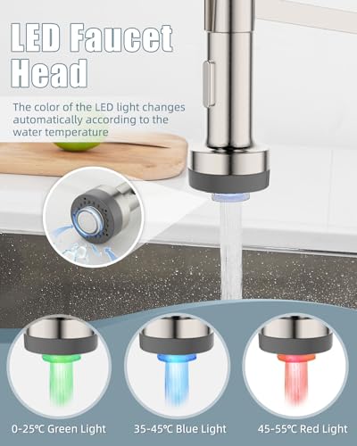 Kitchen Faucet with Soap Dispenser, LED Kitchen Faucet, Faucet for Kitchen Sink, Single Handle Stainless Steel Camper Farmhouse RV Sink Faucets with Pull Down Sprayer, Nickel Brushed - color: B-Brushed Nickel, style: Contemporary