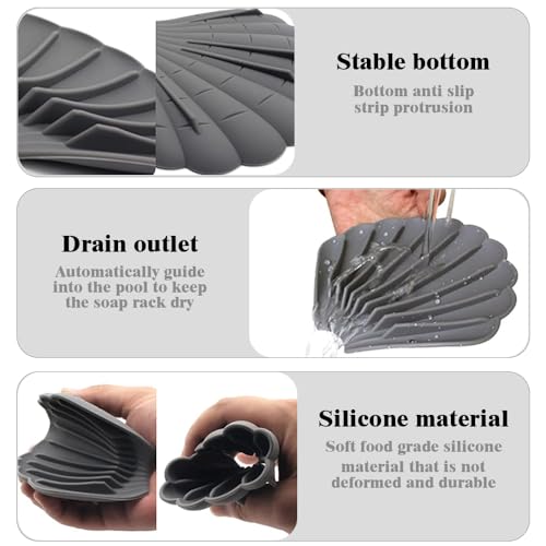 Silicone Soap Dish with Drainage - Shell Shaped for Bathroom & Kitchen Sinks (3 Pcs, Blue, White & Gray)