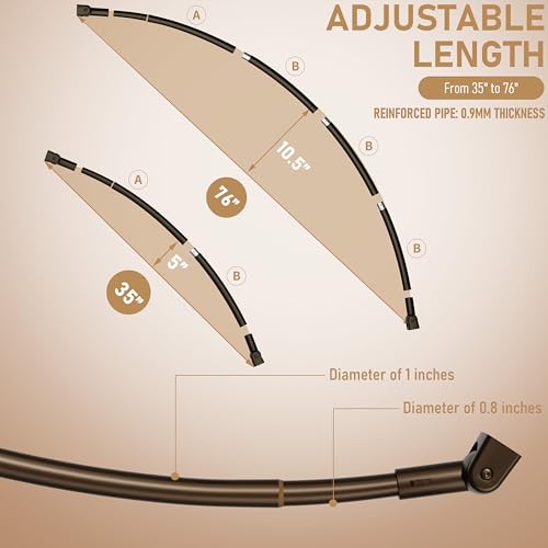 Curved Shower Curtain Rod, Need to Drill, 35-76 inches Adjustable Curved Shower Rod Rustproof Shower Rod Round Shower Curtain Rod for Bathroom, Bathtub, Stall, Stainless Steel, Bronze - color: bronze