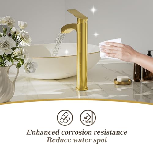 Phiestina Brushed Gold Tall Bathroom Vessel Sink Faucet 2 Pack, Single Hole Single Handle Waterfall Above Countertop Sink Bathroom Faucet, with Pop Up Drain,Water Supply Line, NS-SF01-V-BG-2pack - color: Brushed Gold, style: 2 pack