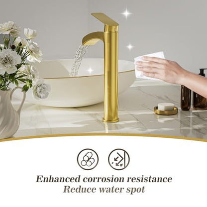 Phiestina Brushed Gold Tall Bathroom Vessel Sink Faucet 2 Pack, Single Hole Single Handle Waterfall Above Countertop Sink Bathroom Faucet, with Pop Up Drain,Water Supply Line, NS-SF01-V-BG-2pack - color: Brushed Gold, style: 2 pack