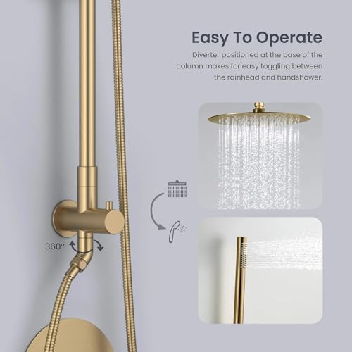 KIBI Wall-Mounted Rain Shower Column, Brass Valve, Brushed Brass, KSC403 | 10-inch Wide-Coverage Head, Single-Spray Handheld, Height-Adjustable Slide Bar, Pressure-Balanced, Leak-Free Rough-in Install - color: Brushed Brass