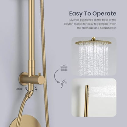 KIBI Wall-Mounted Rain Shower Column, Brass Valve, Brushed Brass, KSC403 | 10-inch Wide-Coverage Head, Single-Spray Handheld, Height-Adjustable Slide Bar, Pressure-Balanced, Leak-Free Rough-in Install - color: Brushed Brass