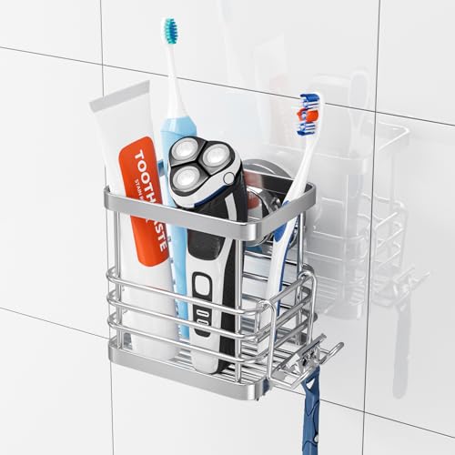 TAILI Patented Suction Cup Toothbrush Holder, Stainless Steel Anti-Puddling Shower Toothbrush Holder, No Drilling Removable Organizer for Bathroom Toothpaste, Razor, Kitchen and Office Items, Silver - color: Silver