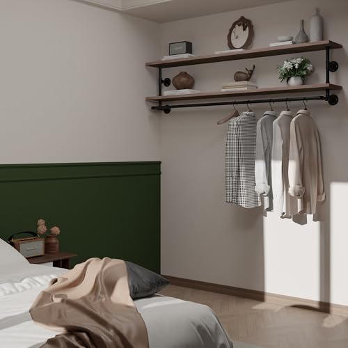 Clothes Rack 70in, 2-Tier Wall Mounted Garment Rack with Real Wood Shelf, Heavy Duty Hanging Clothes Rack, Multi-Purpose Hanging Rod, Space-Saving Closet Storage - color: Brown, size: 2T70IN
