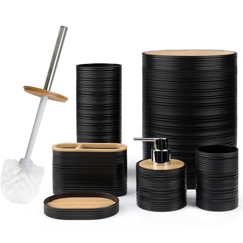 CERBIOR Bathroom Accessories Set Bath Ensemble Includes Soap Dispenser, Toothbrush Holder, Toothbrush Cup, Soap Dish for Decorative Countertop and Housewarming Gift (Black Spiricle) - style: Shiny Black