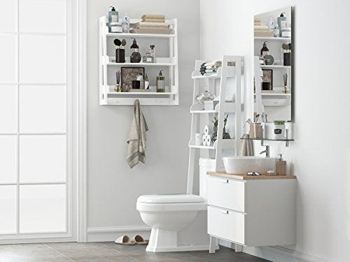 UTEX Bathroom Wall Shelf, 3-Tier Wall-Mounted Organizer with Hooks, White | Space-Saving Ladder Design, 3 Fixed Shelves, 3 Hooks, FSC-Certified Wood for Bathrooms, Kitchens, Bedrooms, and Living Rooms