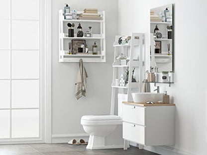 UTEX Bathroom Wall Shelf, 3-Tier Wall-Mounted Organizer with Hooks, White | Space-Saving Ladder Design, 3 Fixed Shelves, 3 Hooks, FSC-Certified Wood for Bathrooms, Kitchens, Bedrooms, and Living Rooms