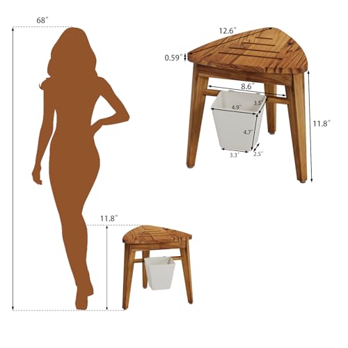 Kiasthome Teak Shower Bench, Waterproof Bathroom Teak Corner Shower Bench, Sturdy Non-Slip Bath Shower Foot Stool for Shaving Legs with Storage Basket