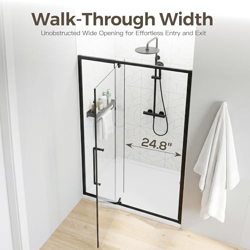 44-48" W x 72" H Pivot Shower Doors, Semi-Frameless Swing Glass Shower Doors Water Repellent, with 1/4" (6mm) Clear SGCC Tempered Glass, Reversible Installation, Matte Black Finish | 1/4" (6mm) Clear SGCC Tempered Glass with a 24.8" walk-in opening, Matte