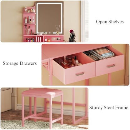 ALEXNUTRE Vanity Desk with Mirror and Lights, Small Vanity with Fabric Storage Drawer & Chair & Shelves, Makeup Vanity with Fold-up Panel and Power Outlet for Bedroom - style: Pink