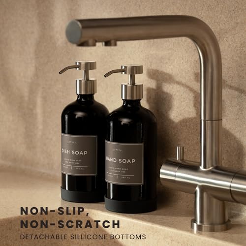 Hand and Dish Soap Dispenser for Kitchen and Bathroom, Set of 2 16 Oz Glass Bottles, Stainless Steel Pumps, Non-Slip Silicone Base, 27 Waterproof Labels (Gloss Black Bottle/Brushed Silver Pump) - color: Gloss Black Bottle / Brushed Silver Pump