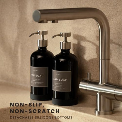 Hand and Dish Soap Dispenser for Kitchen and Bathroom, Set of 2 16 Oz Glass Bottles, Stainless Steel Pumps, Non-Slip Silicone Base, 27 Waterproof Labels (Gloss Black Bottle/Brushed Silver Pump) - color: Gloss Black Bottle / Brushed Silver Pump