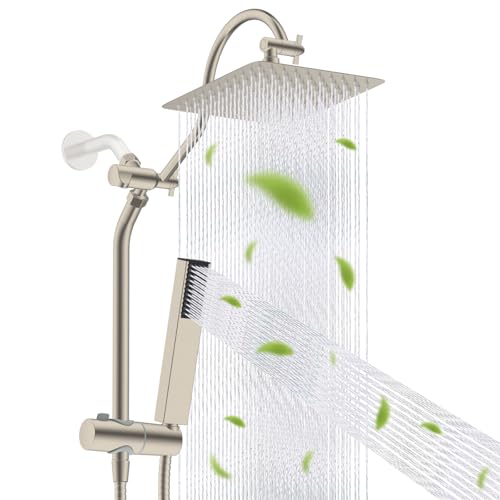Hibbent 10'' Rainfall Showerhead with 4-mode Handheld Spray, Brushed Nickel | cUPC Certified High Pressure Showerhead Combo, 12'' Adjustable Extension Arm, Extension Bar, Easy Reach Holder, 71'' Hose - color: Brushed Nickel, style: Square 10''
