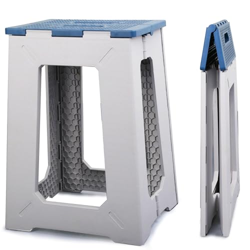 Foldable Small Waterproof Plastic Corner Stool for Bathroom - Foldable Non-Slip Shower Bench/Bathtub Stool for The Elderly, Blue-White Color Scheme,Holds Up to 330 lbs, 17.7 inches