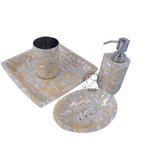 4-Piece Houseware Mother of Pearl & Steel Countertop Hand Liquid Soap/Lotion Dispenser - Toothbrush Holder - Soap Dish Sanitary – Tray | Home Decor Gift (White and Orange) - color: White and Orange