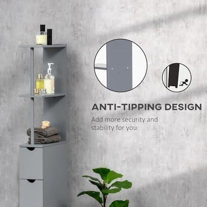 HOMCOM 54" Tall Bathroom Storage Cabinet, Freestanding, 2-Tier Shelf, Grey | Linen Tower, Drawers, Narrow Side Floor Organizer - color: Grey