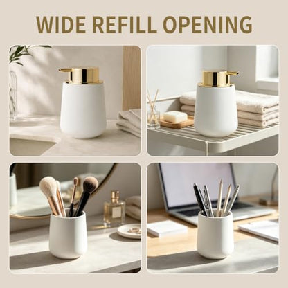 Bosilunlife 12Oz Ceramic Foam Soap Dispenser for Bathroom Kitchen Counter | Premium countertop foam pump creates delicate dense foam, stable desktop placement, Matte White with Gold - color: White&gold