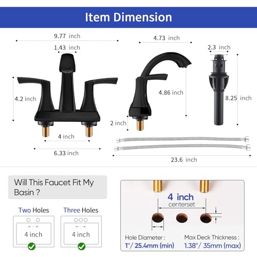 VXV Bathroom Faucet Matte Black, 2 Handles Low Arc Bathroom Sink Faucets, 4 Inch Centerset Bath Lavatory Faucets with Pop-up Drain & Faucet Supply Lines (MB) - color: Matte Black-4 inches