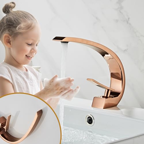 Rose Gold Bathroom Sink Faucet, Unique Design and Pop Up Drain - color: Rose Gold