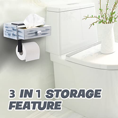 Toilet Paper Holder with Storage, Rustic Farmhouse Toilet Paper Holder with Shelf, Wall Mount, Keep Wipes Hidden Out of Sight (Rustic White)