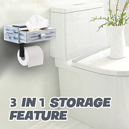 Toilet Paper Holder with Storage, Rustic Farmhouse Toilet Paper Holder with Shelf, Wall Mount, Keep Wipes Hidden Out of Sight (Rustic White)