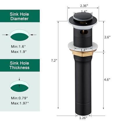 CREA Black Bathroom Drain Stopper, Pop Up Sink Drain with Overflow, Vessel Sink Drain Plug with Anti-Clogging Strainer, All Metal Stainless Steel - color: Black