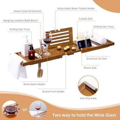 Luxury Teak Bathtub Tray - Foldable Bath Caddy with Expandable Handles, Wine Glass & Phone Holder, Book Stand - Enhance Home Spa Experience with Natural Material - Relaxing & Reading, Teak - color: Teak