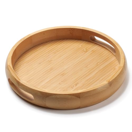 9.8" Round Bamboo Tray with Handles, Wood Serving Tray, Decorative Tray | Wooden Centerpiece Tray for Coffee Table, Kitchen, Living Room, Bedroom - size: 9.8"