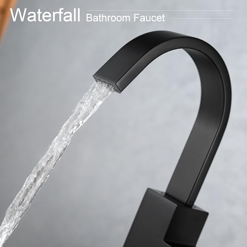 Matte Black Vessel Sink Faucet, Single Handle Tall Bathroom Faucet，Waterfall Bathroom Faucet Single Hole Lavatory Vanity Tap Single Hole Bar Sink Faucet with Pop Up Drain and Supply Lines,SL50044BK - color: Matte Black, size: Tall