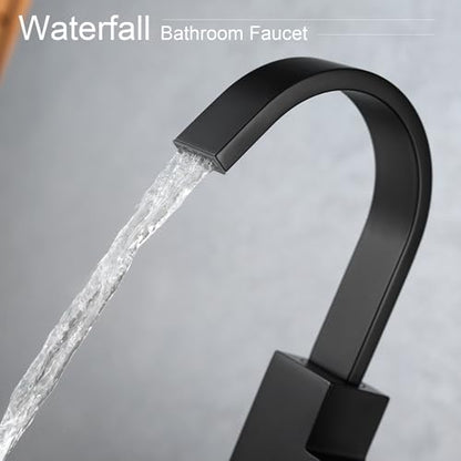 Matte Black Vessel Sink Faucet, Single Handle Tall Bathroom Faucet，Waterfall Bathroom Faucet Single Hole Lavatory Vanity Tap Single Hole Bar Sink Faucet with Pop Up Drain and Supply Lines,SL50044BK - color: Matte Black, size: Tall