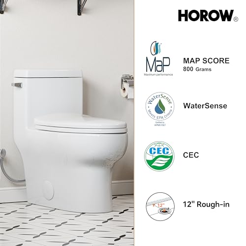 HOROW One-Piece Elongated Toilet, 1.28 GPF High Efficiency, Easy Cleaning Design, Left-Hand Flush Lever, Soft-Close Seat, Compact Modern Bathroom Toilet, 12'' Rough-In, White Ceramic Bowl - color: White with Single Flush, size: 12" rough in