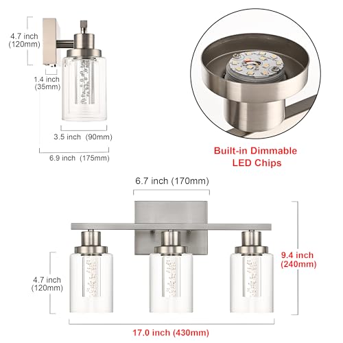 MELUCEE 3 Light LED Bathroom Light Fixtures Brushed Nickel 3000K-6000K | Dimmable Bathroom Lights Over Mirror Wall Light Fixture with Crystal Bubble Clear Glass Shade, Built-In LED Chips - color: Brushed Nickel, size: LED-3 Lights