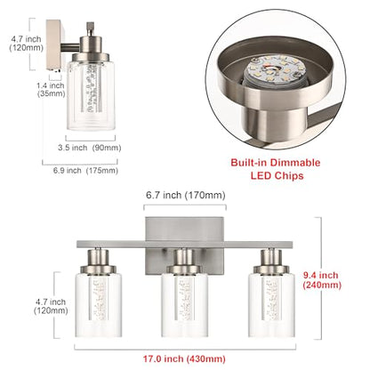 MELUCEE 3 Light LED Bathroom Light Fixtures Brushed Nickel 3000K-6000K | Dimmable Bathroom Lights Over Mirror Wall Light Fixture with Crystal Bubble Clear Glass Shade, Built-In LED Chips - color: Brushed Nickel, size: LED-3 Lights