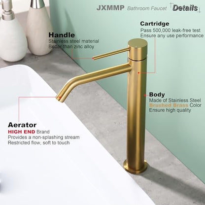 Brushed Brass Vessel Sink Faucet with Pop Up Drain and Supply Lines, Stainless Steel Brass Tall Bathroom Faucet Single Hole, JXMMP Gold Bathroom Faucet for Bowl Sink 1 Hole, JXM1001BTG - color: Brushed Brass, size: Tall Faucet