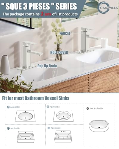 Bathroom Faucet-2 Sets, Brushed Bathroom Sink Faucets with Pop-up Drain and 6 Inch Deck Plate, Single Handle Modern Farmhouse RV Vanity Faucet for Vessel Sink (1~3 Holes) - color: 2.Brushed Sealing Glaze, style: Short*2
