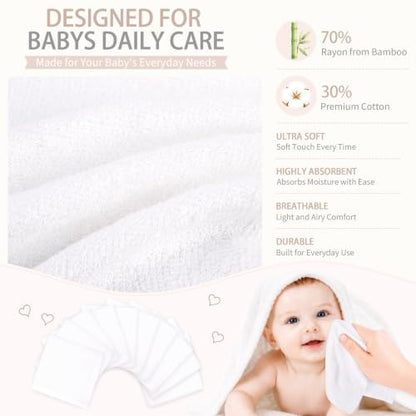 Baby Washcloths 10 Pack Rayon from Bamboo Ultra Soft Absorbent Terry Wash Cloth 10" x 10" Bath Towels for Face Burp Wipes Reusable Lightweight Newborn Essentials Shower Gift Set - color: White