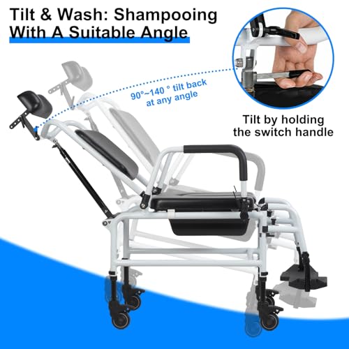 Reclining Shower Chair with Wheels,Commode Wheelchair Toilet Chair | Padded Transfer Chair with Headrest, Flip-up Armrests & Foot Rests, Tilt Rolling Wheelchair for Elderly, Disabled, Handicap