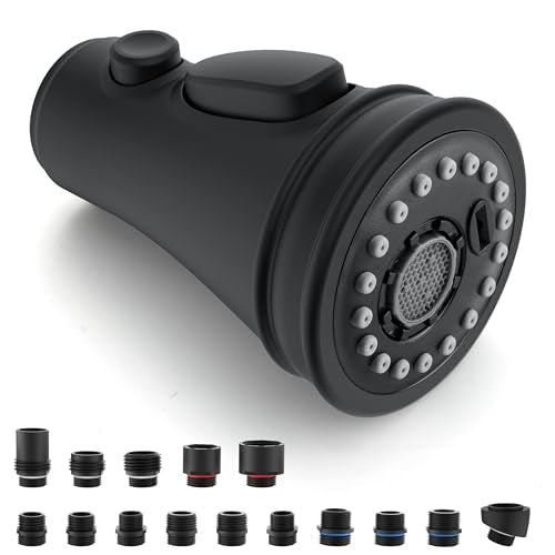 Kitchen Faucet Spray Head Replacement, 3-Function Pull Down Sprayer Head | 15 Adapters, Compatible with Moen Delta Kohler, 3-Mode Stream Spray Blade, Removable Aerator, Easy Install, Matte Black - color: Matte Black